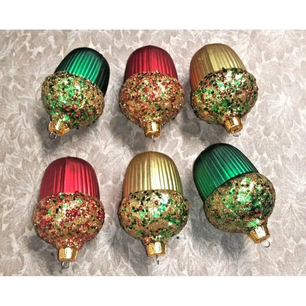 6 Vintage Christmas Glass Ornaments Acorns w/glitter sequins Commodore red gold